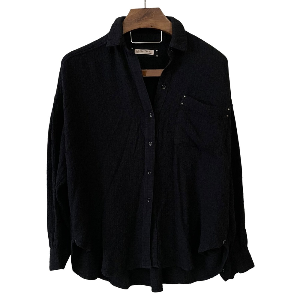 Free People Hidden Valley Button Down Black Shirt Textured Oversized Lounge S - Picture 2 of 13